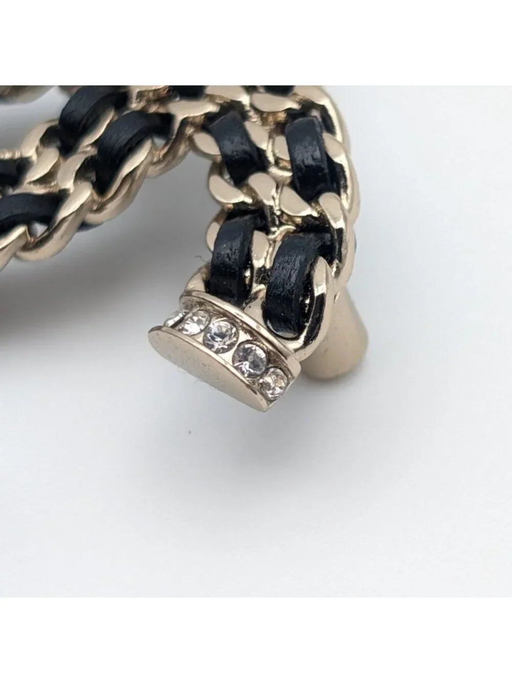 Chanel Brooch CC Logo Leather Chain Gold Black Rhinestone Recent
